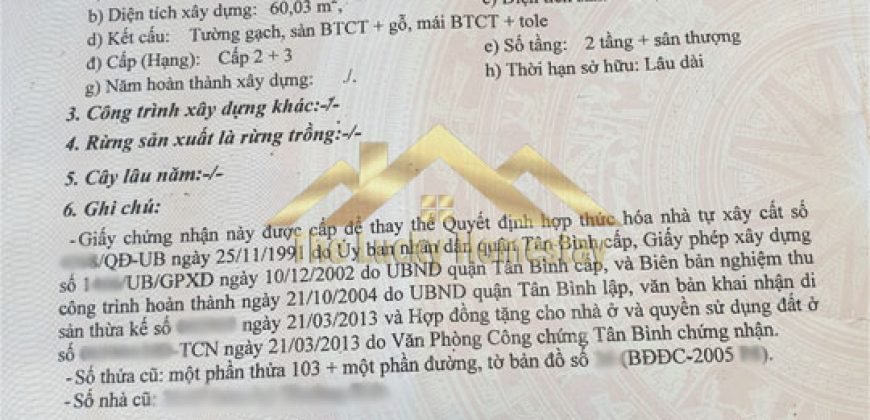Nhà bán quận Tân Bình (hẻm xe hơi) 2 mặt tiền